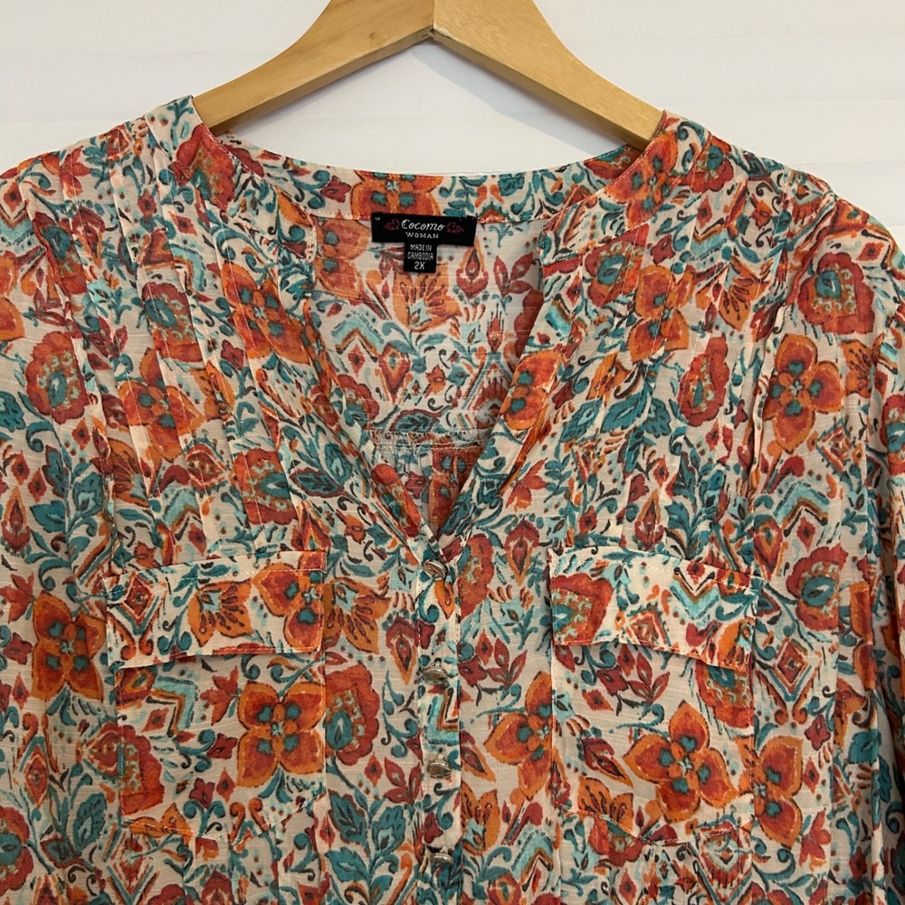 Cocomo Woman Orange Teal Floral Paisley‎ Tie Front Blouse 2X D088VE81370U - Picture 3 of 9